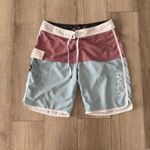 RVCA Boardshorts Men 33 Pink Blue White Trim Cargo Pocket Drawstring Swim Trunks